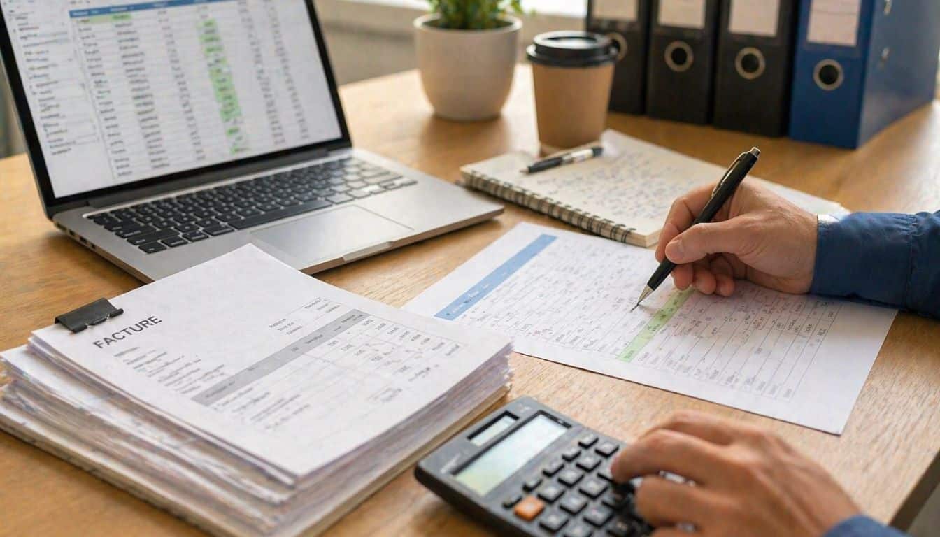 Bureau de travail avec factures et calculs