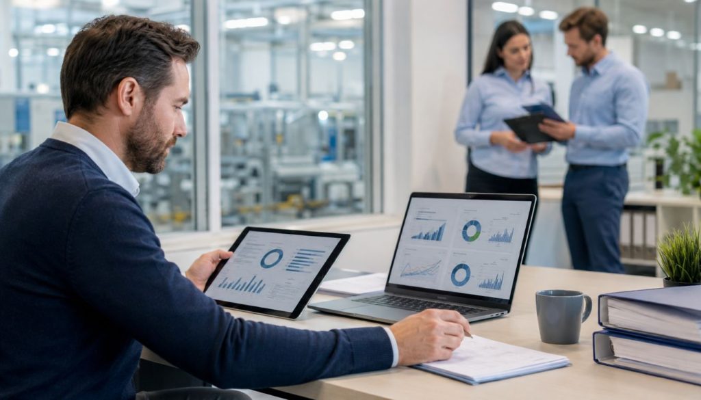 Tablette et graphiques dans un bureau industriel